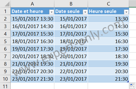 Split date and time using the date and time format