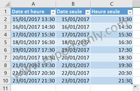 Split date and time using the date and time format