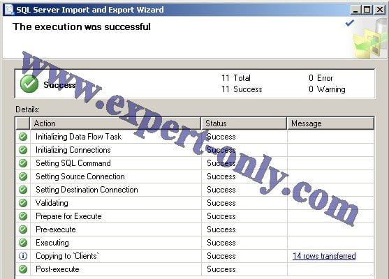Successful execution of the Excel file import into the SQL Server database