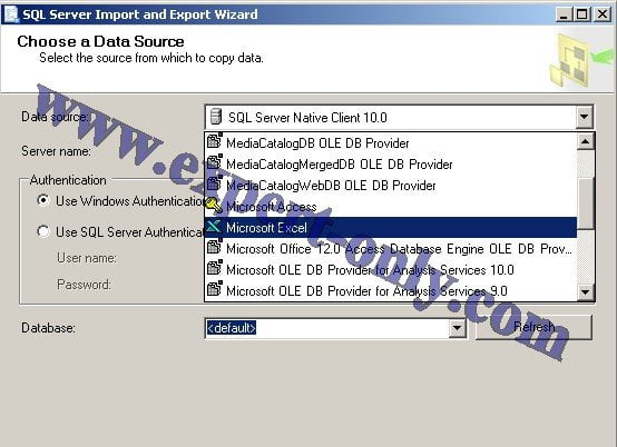 Sélection du type de données source pour l'import depuis Excel vers SQL Server