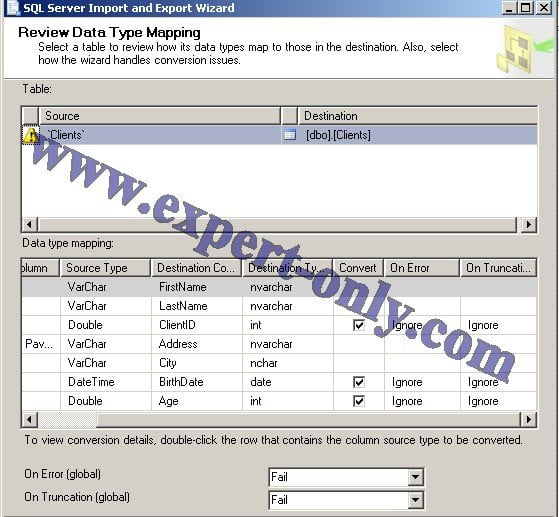 Configure the Excel file mapping from Excel to SQL Server