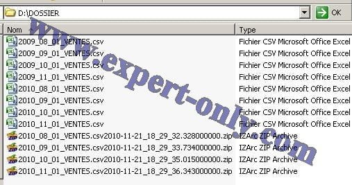 Liste des fichiers sources CSV et des fichiers ZIP compressés après exécution du package