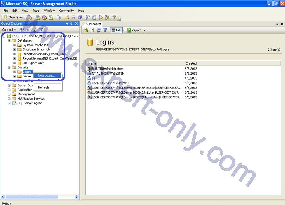Create a new SQL Server user login with SSMS