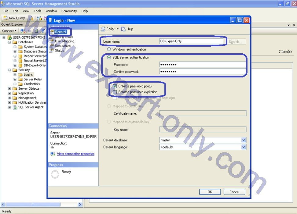 Enter the new user name and SQL Server password in SSMS