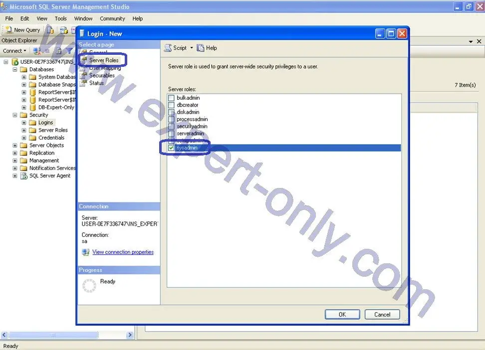 Assign the sysadmin role on the SQL Server database