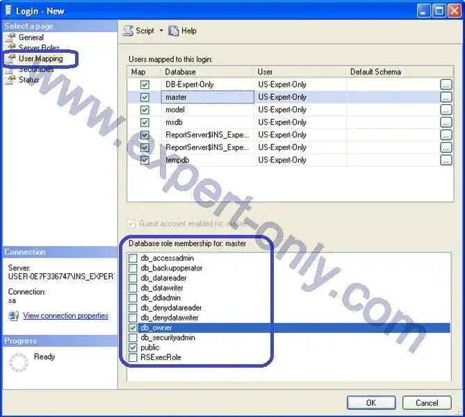 Cocher db_owner pour le login SQL Server