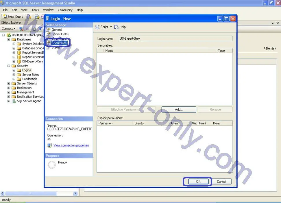 Finish the user creation in SSMS by the validation