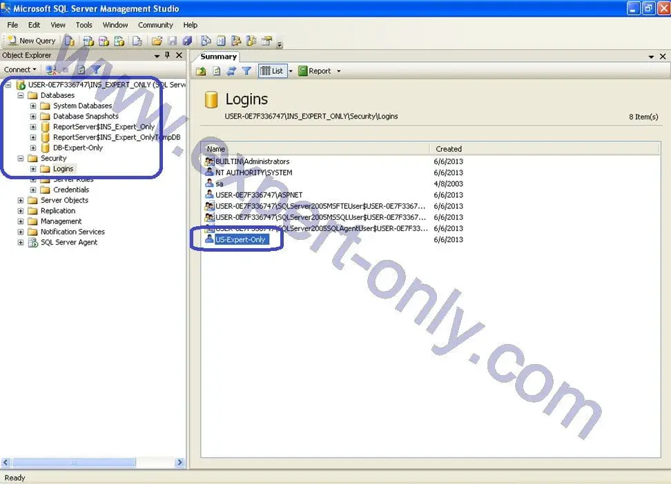 Create a SQL Server user with SSMS and check the New login in the Logins list