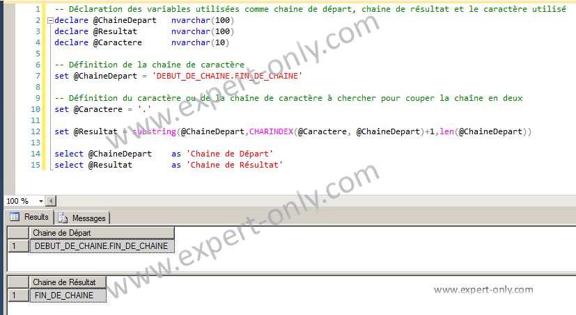 Découper un texte après un caractère avec SQL Server, capture d'écran du résultat avec SSMS