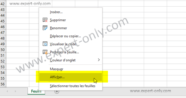 Capture d'écran du clic-droit pour afficher une feuille de calcul Excel masquée