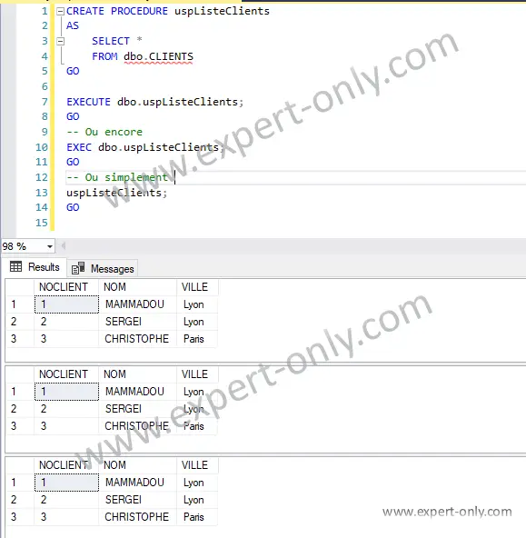 Créer une procédure stockée SQL Server pour sélectionner une table