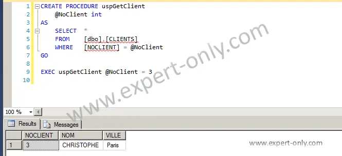 Script pour créer une procédure SQL Server avec le résultat de l'exécution de la procédure avec un paramètre