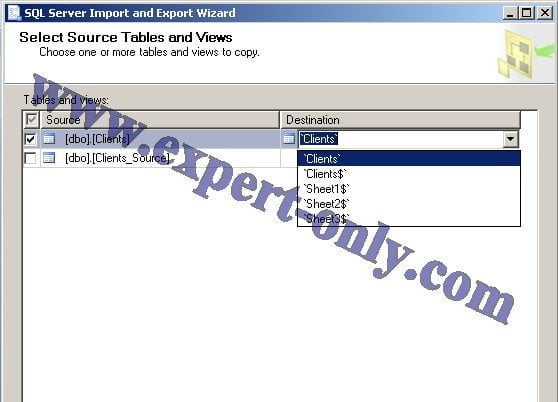 Mapping entre les tables et les fichiers Excel cibles pour l'export avec SSMS