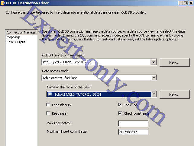 Configuration de la destination de type OLE DB dans SSIS