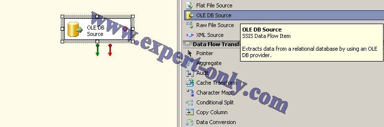 Dans Visual Studio, faire glisser une connexion OLE DB dans le Data Flow SSIS.