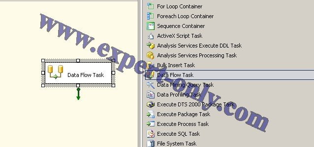 Capture d'écran d'un data flow SSIS (flux de données) simple dans un package depuis le flux de contrôle.