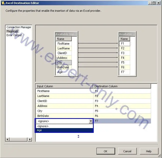 Exporter une table vers un fichier Excel avec SSIS - étape 7 mapper les colonnes