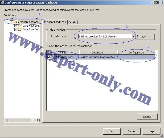 Select the type of log provider for SQL Server here it is the dbo.sysssislog table