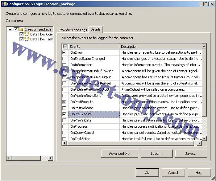 Choisir les trois évènements SSIS OnError, OnPreExecute et OnPostExecute