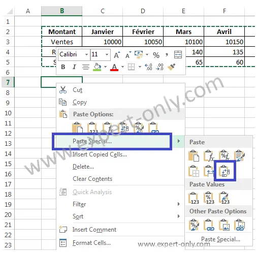 Utiliser l'option collage spécial pour pivoter les lignes d'un tableau Excel en colonnes