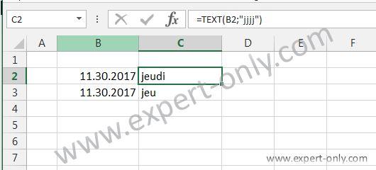La fonction Excel TEXTE permet d'afficher le nom du jour complet de manière explicite
