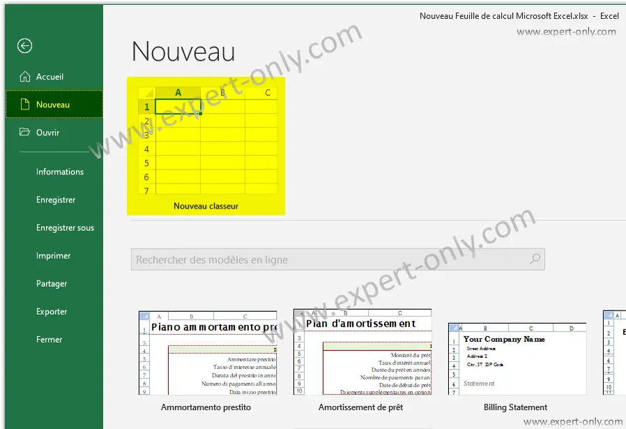 Créer un nouveau classeur Excel depuis le menu Fichier