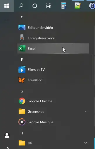 Ouvrir Excel depuis le menu démarrer Windows