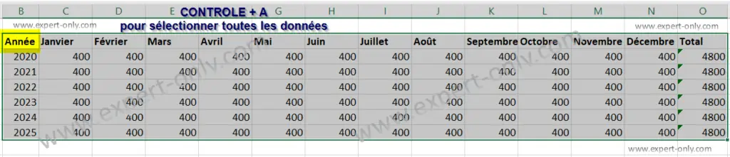 Sélectionner toutes les données d'un fichier Excel pour mettre en forme de tableau