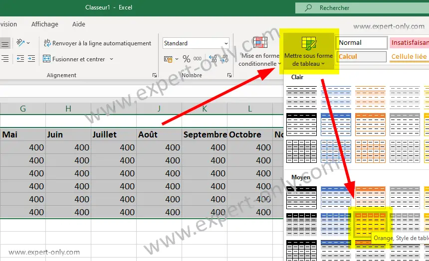 Créer le tableau Excel depuis le menu Principal