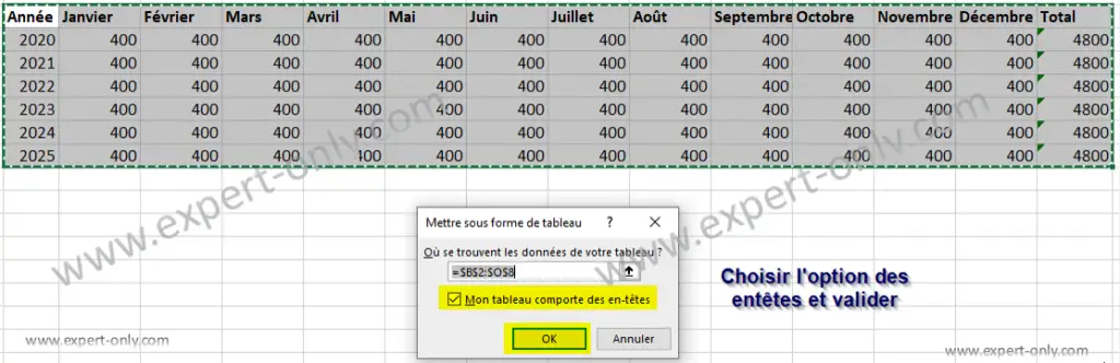 Utiliser les entêtes déjà présentes dans la plage de données Excel