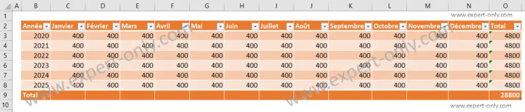 Tableau Excel mis en forme avec le total des lignes