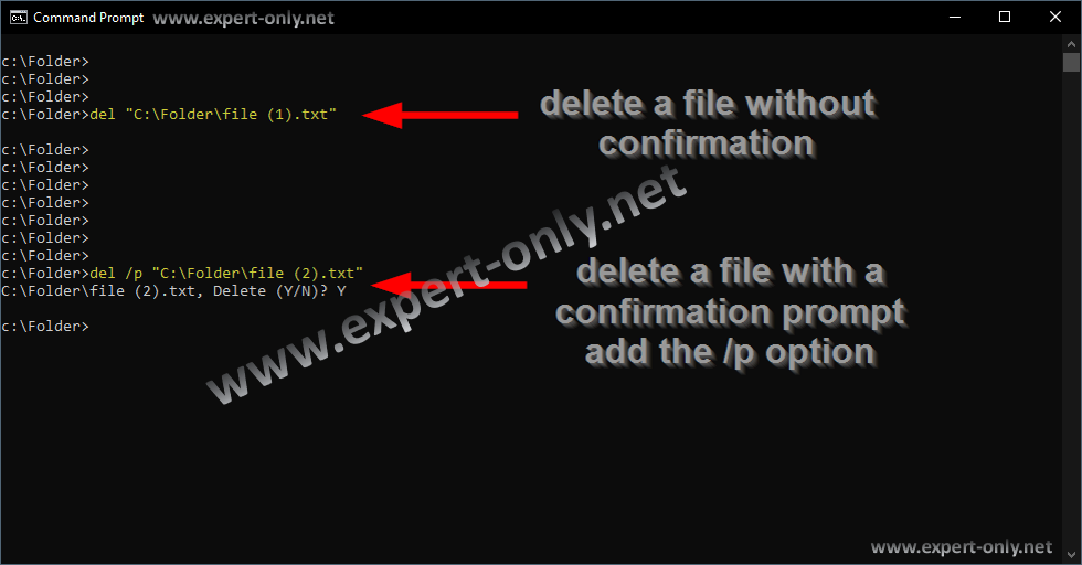 Image with screenshot how to delete a file in windows cmd.