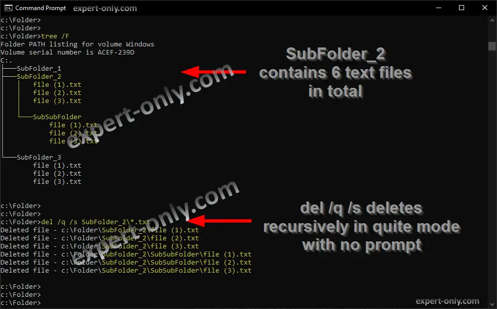 Delete files recursively with cmd, i.e., from folder and subfolders in quiet mode without confirmation
