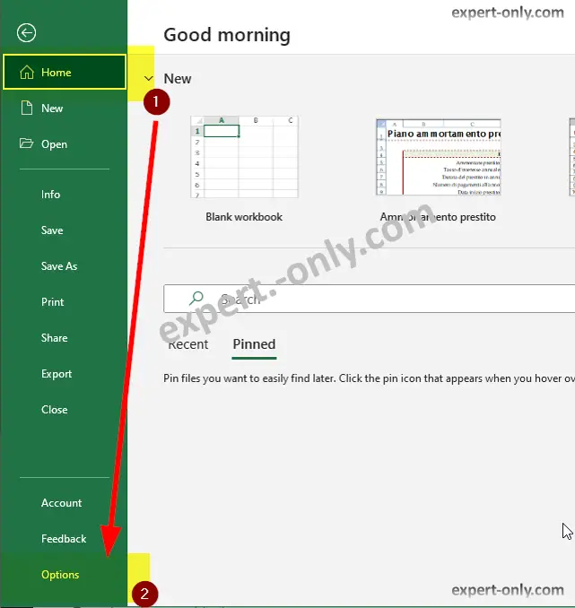 Screenshot of Selection of Options menu from the Excel Home page