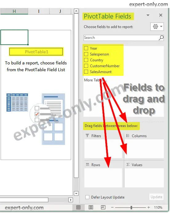 Fields selection for the pivot table