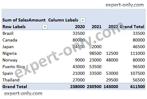 Screenshot of the pivot table with sales per country and year