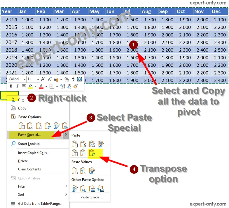 Using the Paste Special option to rotate the rows of an Excel table into columns