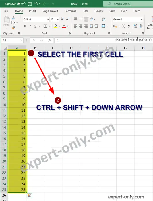 Shortcut to select an entire Excel column