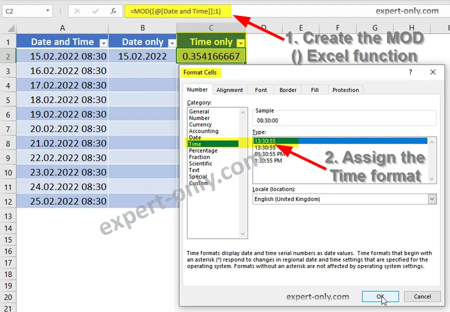 Split an Excel Data time column and isolate the time using the Modulo function.