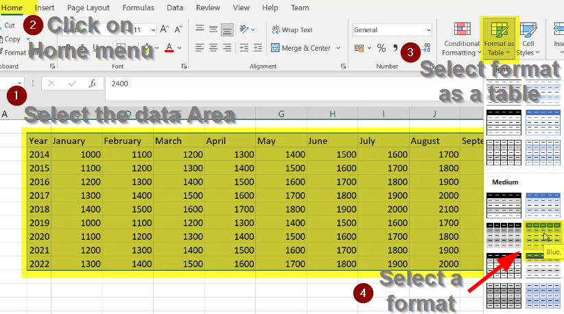 Select a format to apply to the zone to create the table