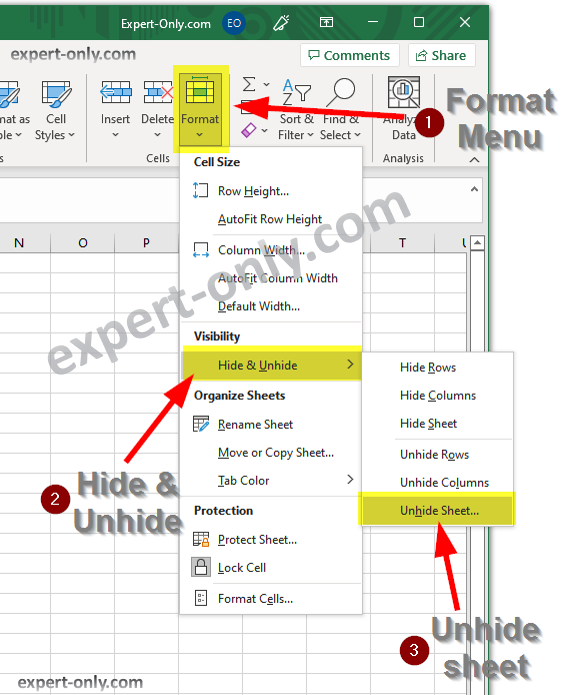 Screenshot of the Format menu to display a hidden Excel worksheet
