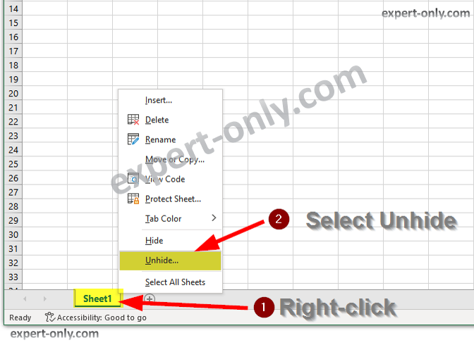 Screenshot of right-clicking to display a hidden Excel worksheet