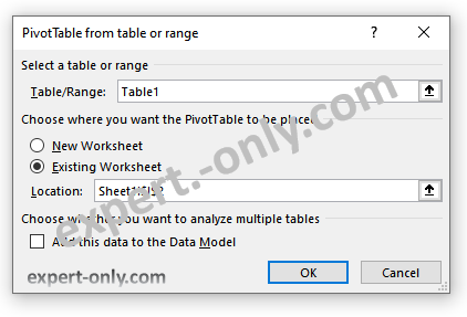 Selecting Table1 as the data range for the PivotTable