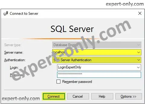 Connect to the database server to create the database in SQL Server Management Studio.
