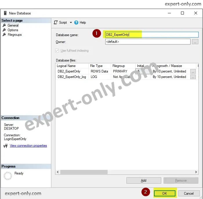 Crea el nombre de la base de datos y deja las opciones predeterminadas de SSMS