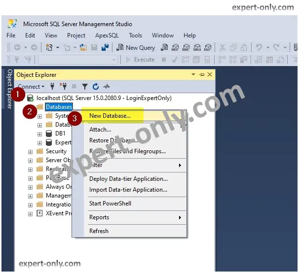 Clique com o botão direito para abrir o menu Nova Base de Dados no SSMS