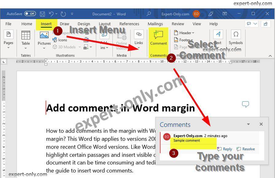 How to add comments in the margin with Word via the Insert menu.