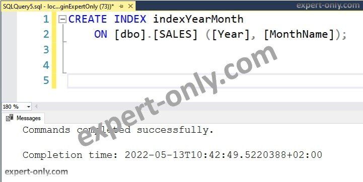 Créer un index SQL Server pour la table des ventes basé sur les colonnes mois et années.
