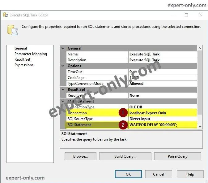 Select the database and add the SQL code to create a 5 second pause