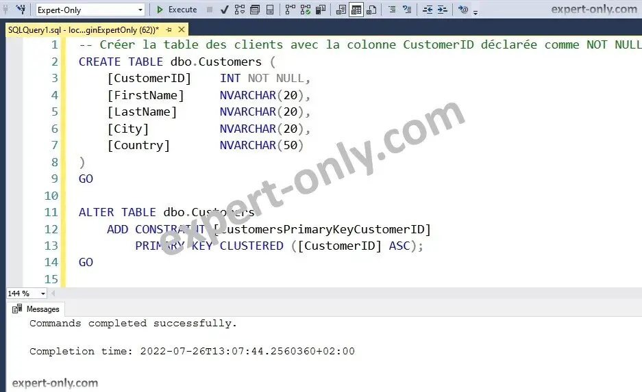 Créer une table SQL Server avec une clé primaire (contrainte)